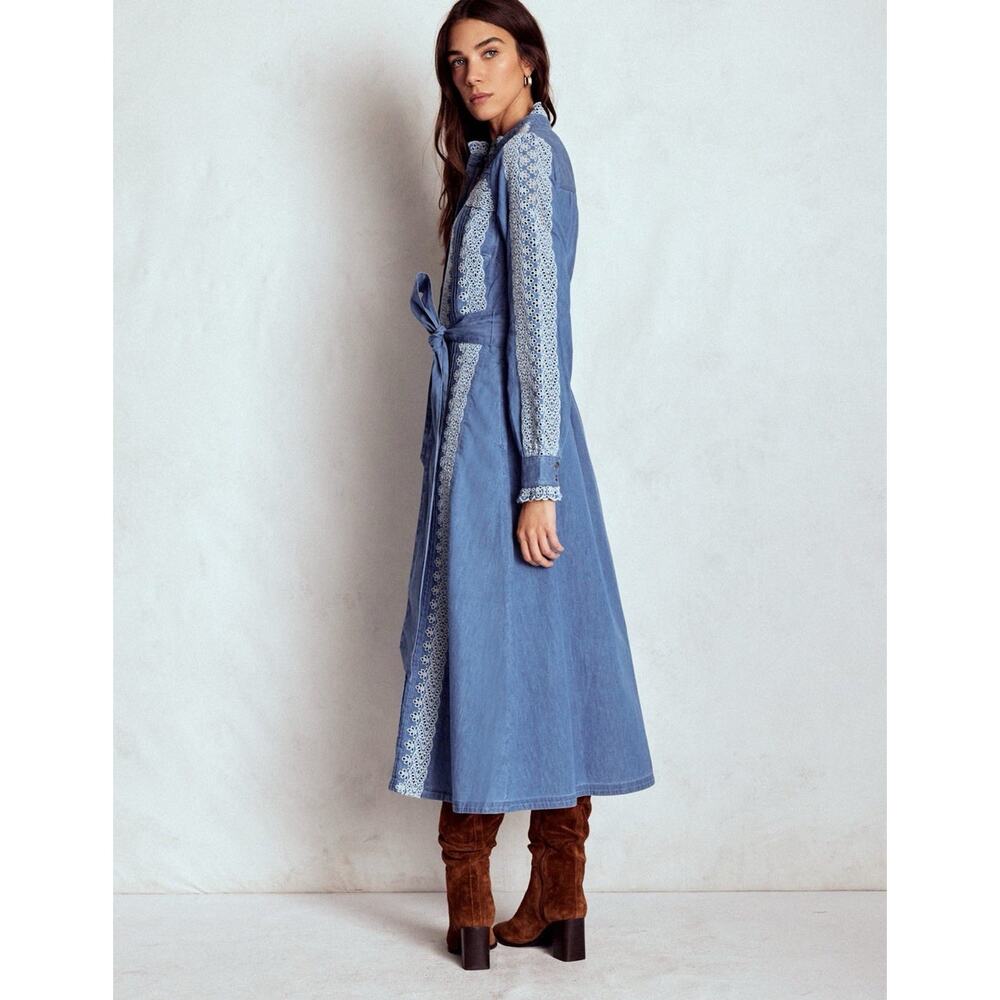 Boden Ruffle Placket Chambray Dress Light Blue Chambray Size 16-18 NWT - Picture 2 of 12